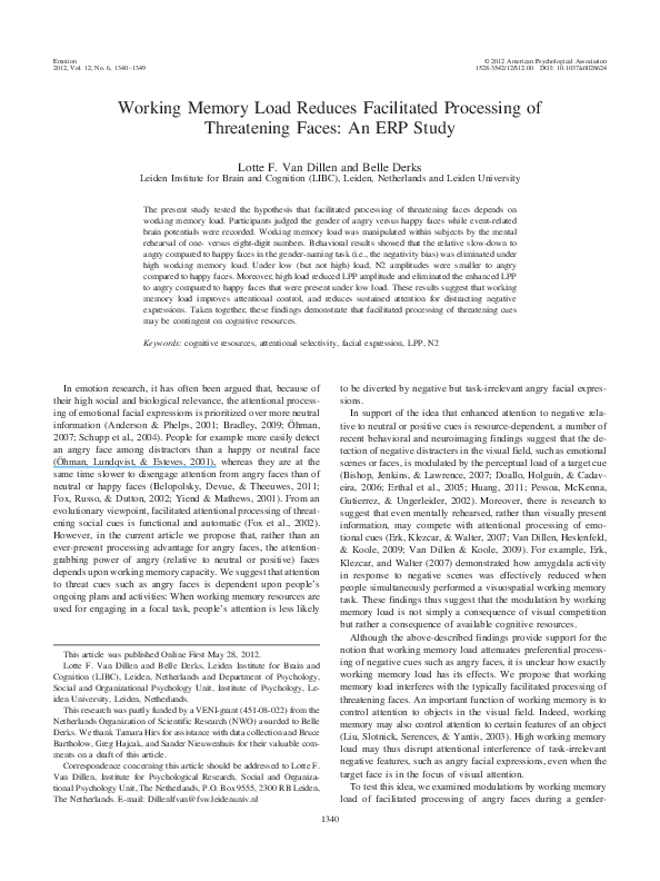 (PDF) Working memory load reduces facilitated processing of threatening ...