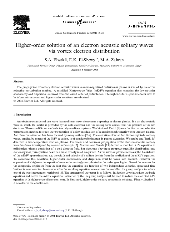 Pdf Higher Order Solution Of An Electron Acoustic Solitary Waves Via Vortex Electron Distribution Emad Shewy Academia Edu