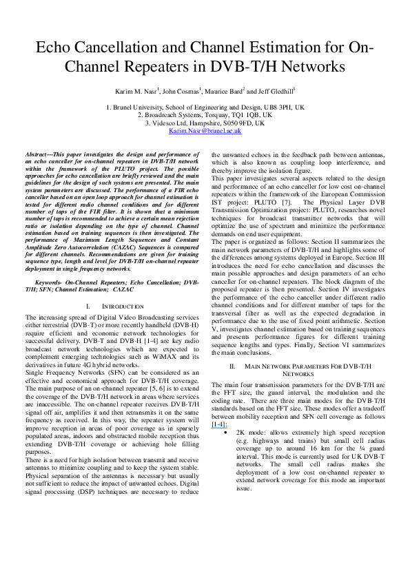 (PDF) Echo Cancellation and Channel Estimation for On-Channel Repeaters ...