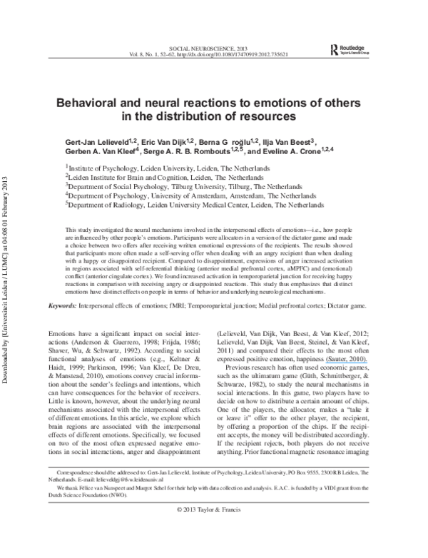 (PDF) Behavioral and neural reactions to emotions of others in the ...