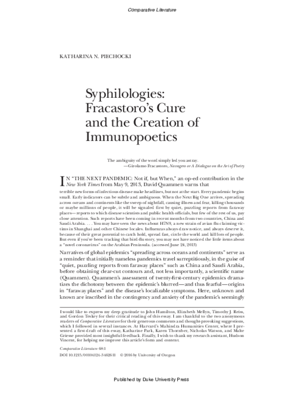 Syphilologies: Fracastoro's Cure and the Creation of Immunopoetics