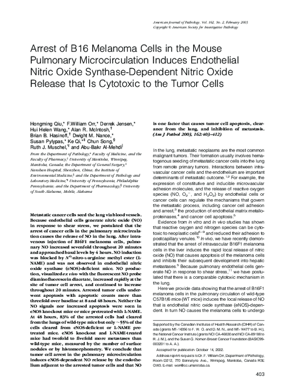 (PDF) Arrest of B16 Melanoma Cells in the Mouse Pulmonary ...