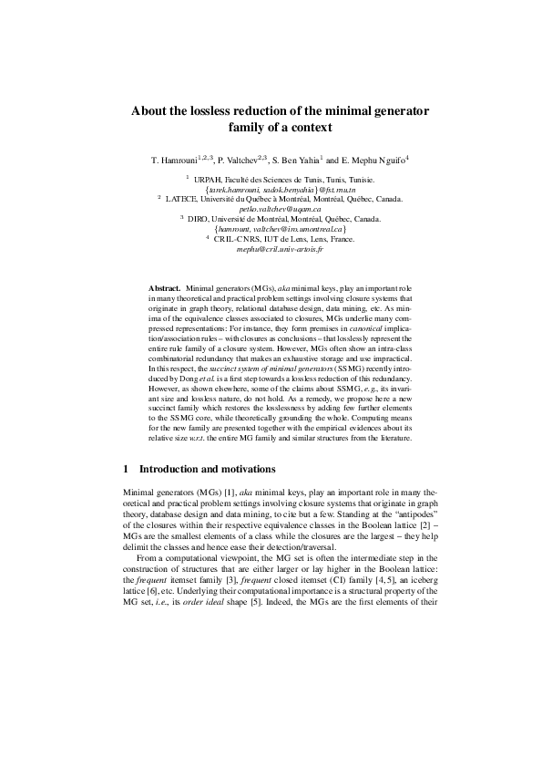 (PDF) About the Lossless Reduction of the Minimal Generator Family of a ...