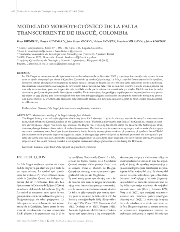 (PDF) Modelado morfotectónico de la falla transcurrente de Ibagué, Colombia