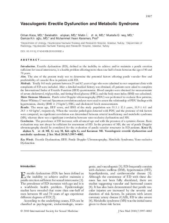(PDF) Vasculogenic Erectile Dysfunction and Metabolic Syndrome