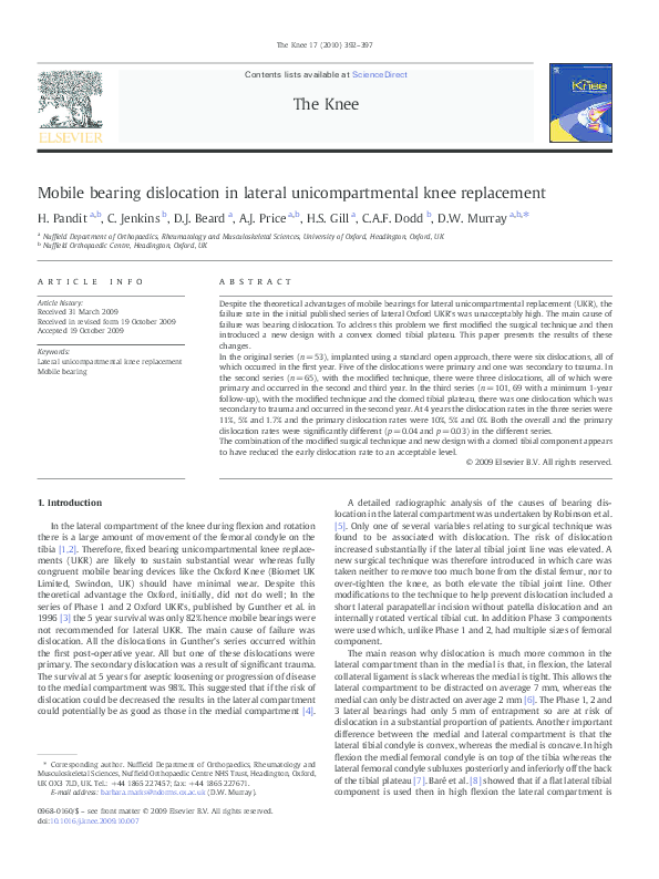 (PDF) Mobile bearing dislocation in lateral unicompartmental knee ...