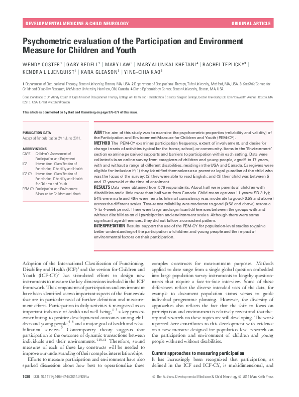 (PDF) Psychometric evaluation of the Participation and Environment ...
