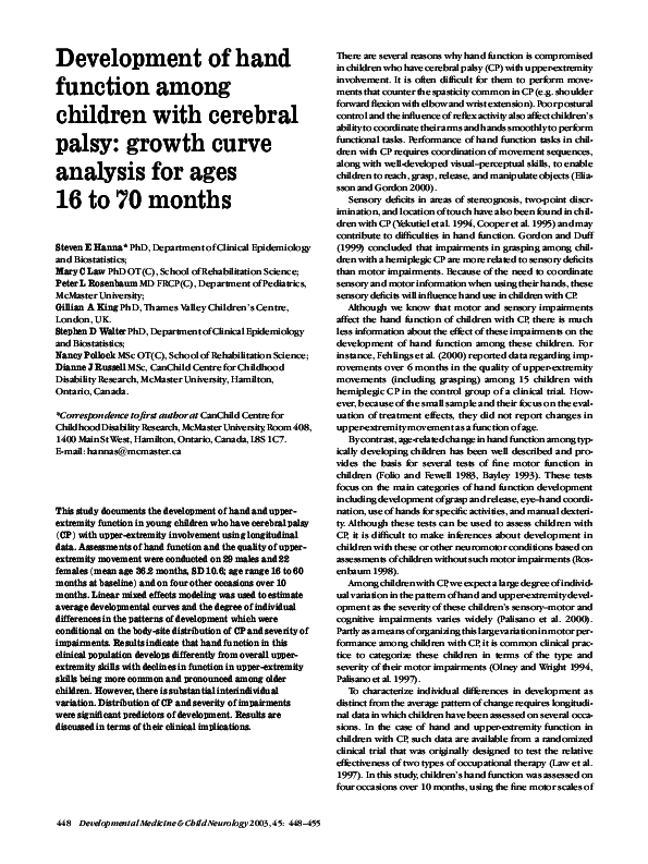(PDF) Development of hand function among children with cerebral palsy