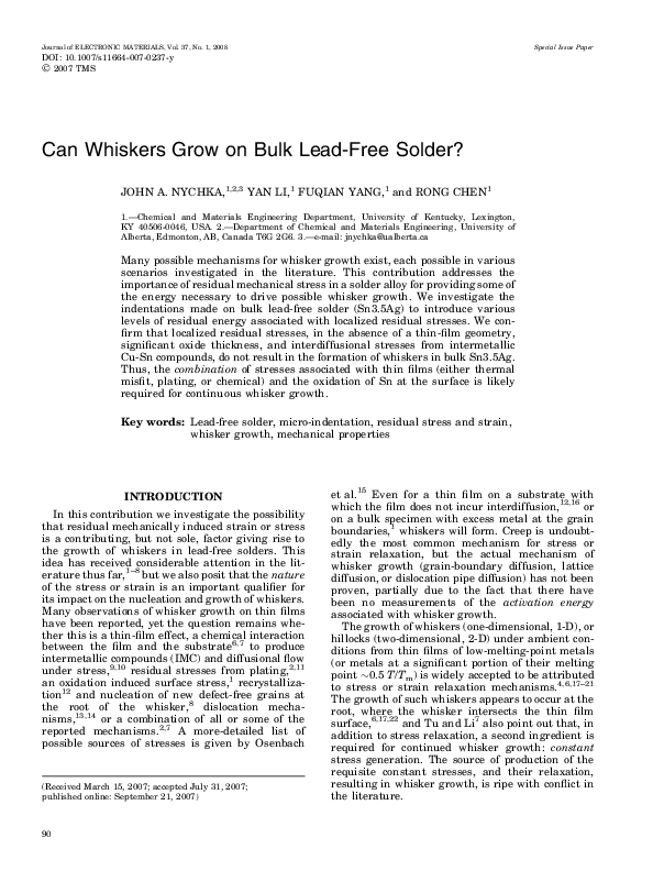 (PDF) Can Whiskers Grow on Bulk LeadFree Solder? John Nychka