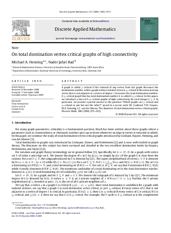 (PDF) On total domination vertex critical graphs of high connectivity