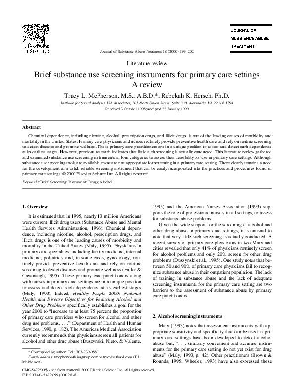 (PDF) Brief substance use screening instruments for primary care