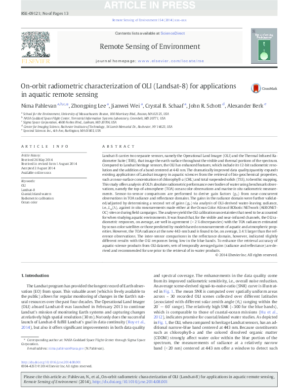 (PDF) On-orbit radiometric characterization of OLI (Landsat-8) for ...