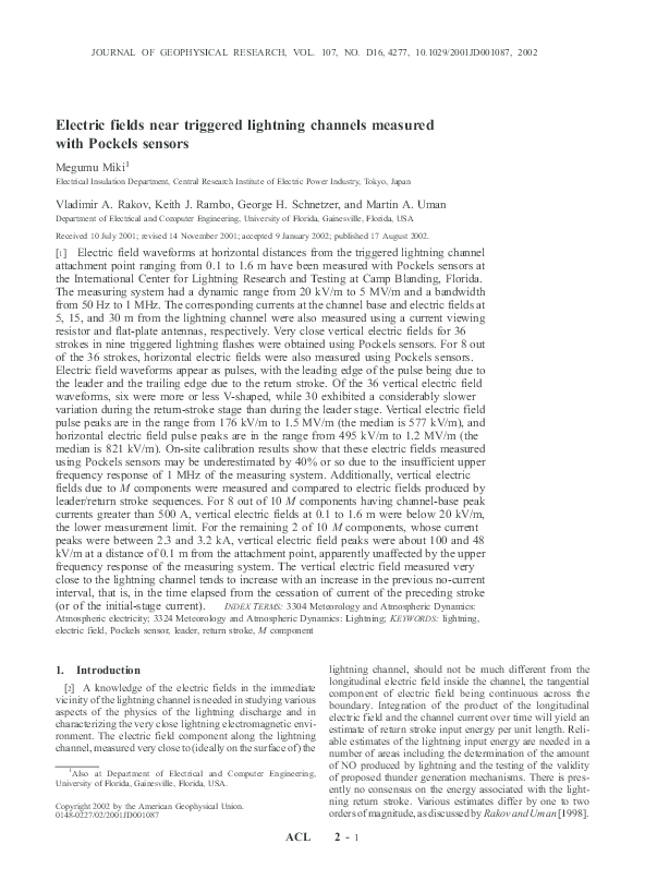 (PDF) Electric fields near triggered lightning channels measured with ...