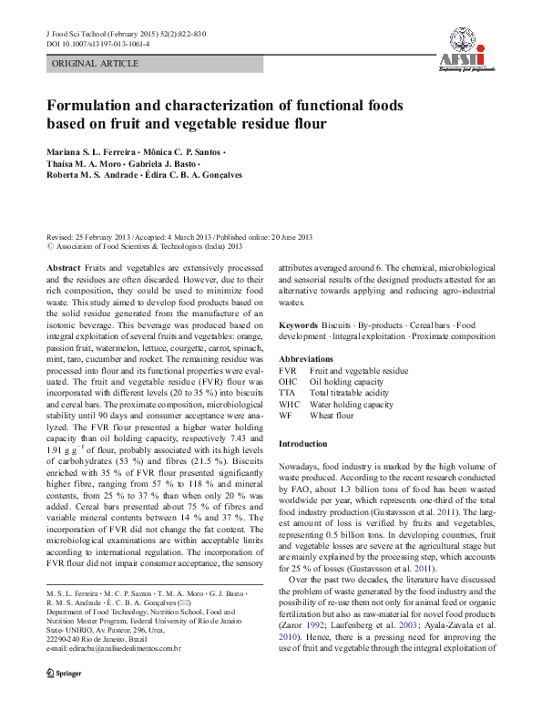(PDF) Formulation and characterization of functional foods based on ...