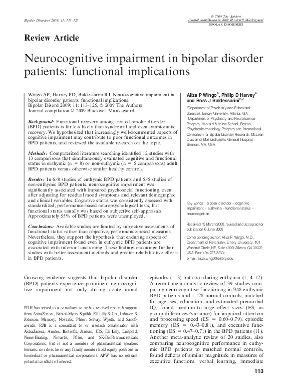 (PDF) Neurocognitive impairment in bipolar disorder patients ...