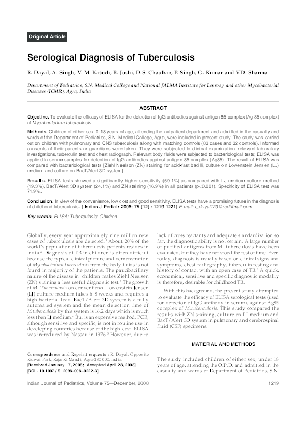 (PDF) Serological diagnosis of tuberculosis