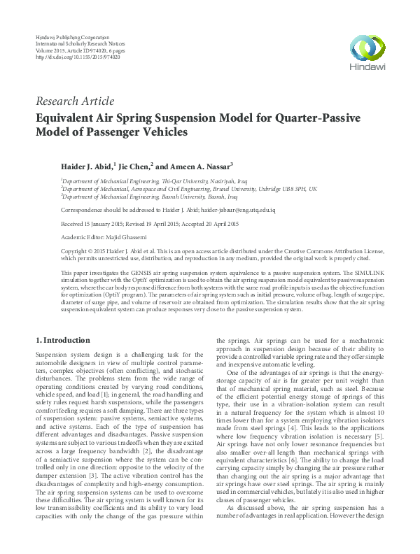 (PDF) Equivalent Air Spring Suspension Model for Quarter-Passive Model ...