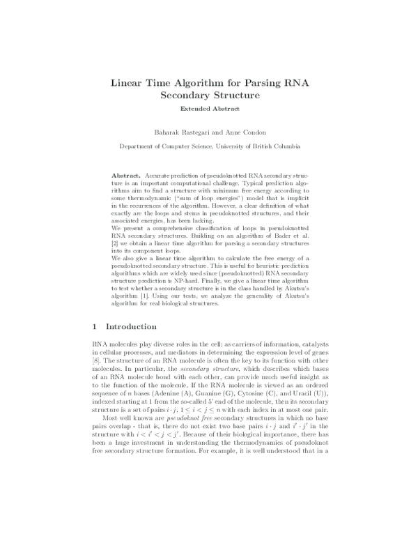 (PDF) Linear Time Algorithm for Parsing RNA Secondary Structure