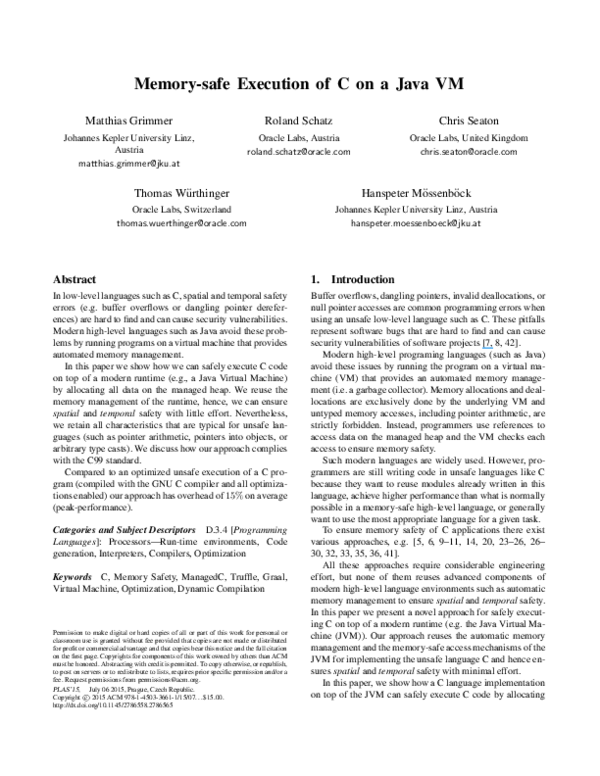 (PDF) Memory-safe Execution of C on a Java VM