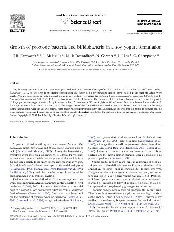 (PDF) Growth of probiotic bacteria and bifidobacteria in a soy yogurt ...