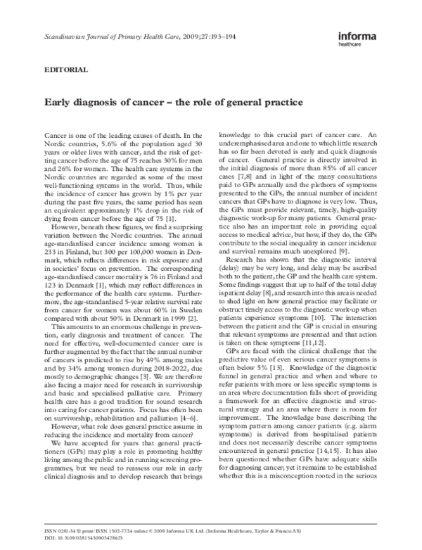 (PDF) Early diagnosis of cancer – the role of general practice