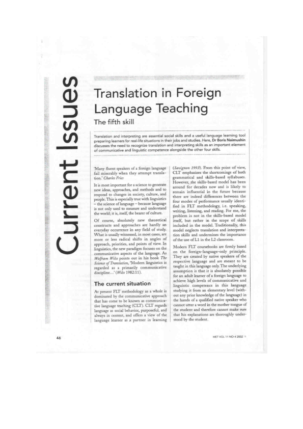 (PDF) Translation in Foreign Language Teaching: The Fifth Skill