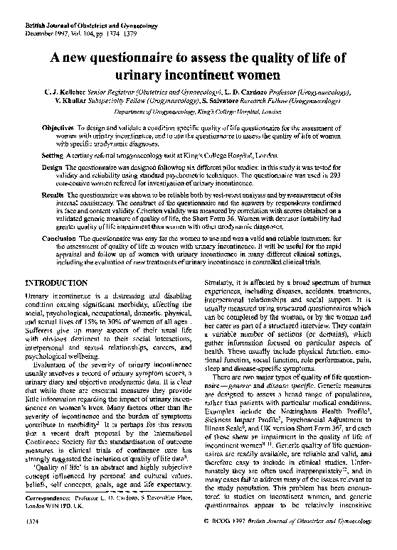 (PDF) A new questionnaire to assess the quality of life of urinary
