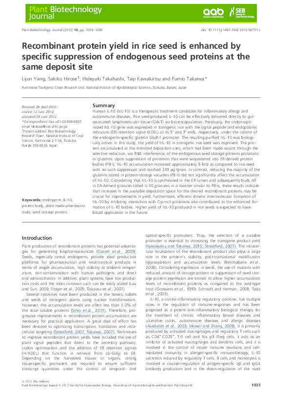 (PDF) Recombinant protein yield in rice seed is enhanced by specific ...