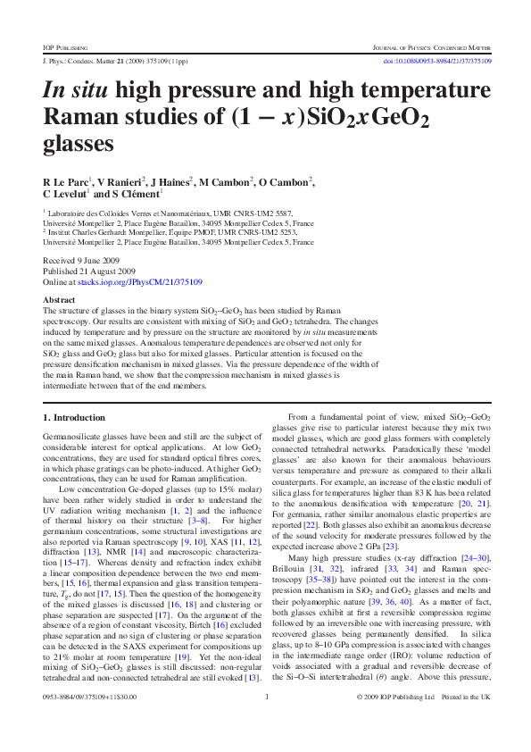 (PDF) In situ high pressure and high temperature Raman studies of (1− x ...