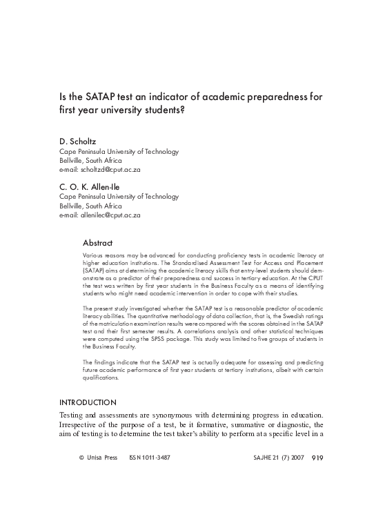 (PDF) Is the SATAP test an indicator of academic preparedness for first ...