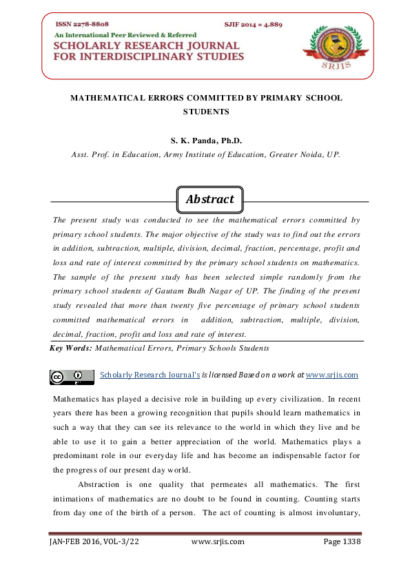 (PDF) MATHEMATICAL ERRORS COMMITTED BY PRIMARY SCHOOL STUDENTS