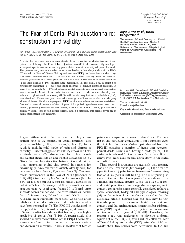 (PDF) The Fear of Dental Pain questionnaire construction and validity Johan Hoogstraten