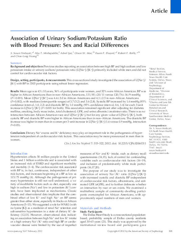 (PDF) Association of Urinary Sodium/Potassium Ratio with Blood Pressure ...