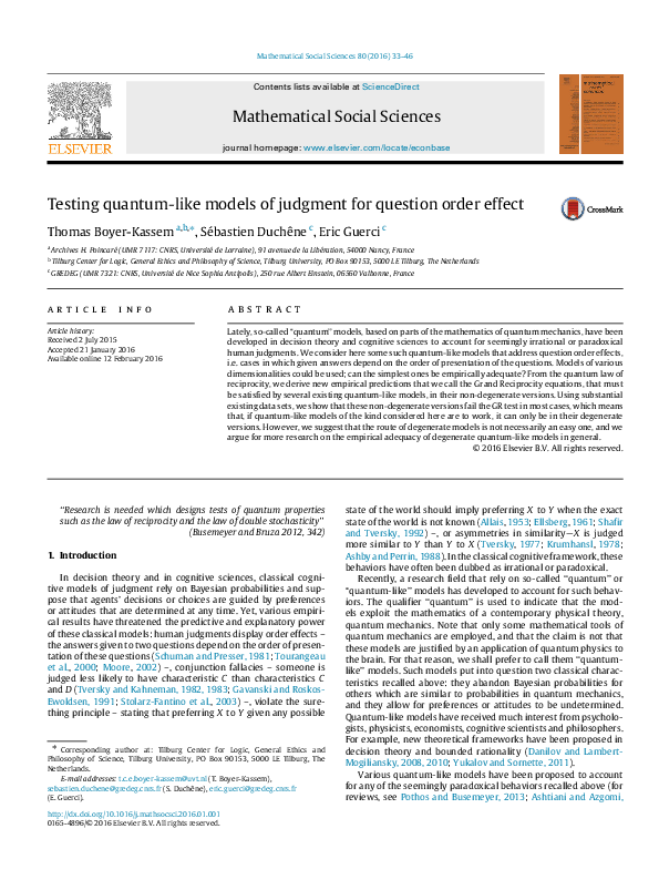 Testing quantumlike models of judgment for question order effect
