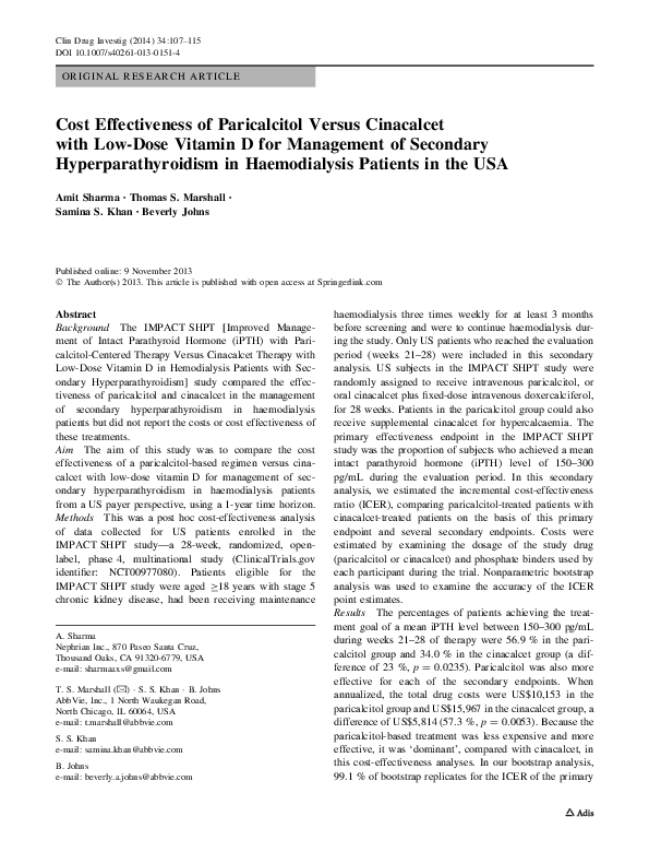 (PDF) Cost Effectiveness of Paricalcitol Versus Cinacalcet with Low