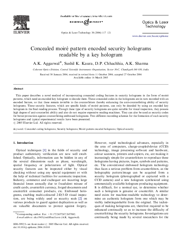 (PDF) Concealed moiré pattern encoded security holograms readable by a ...