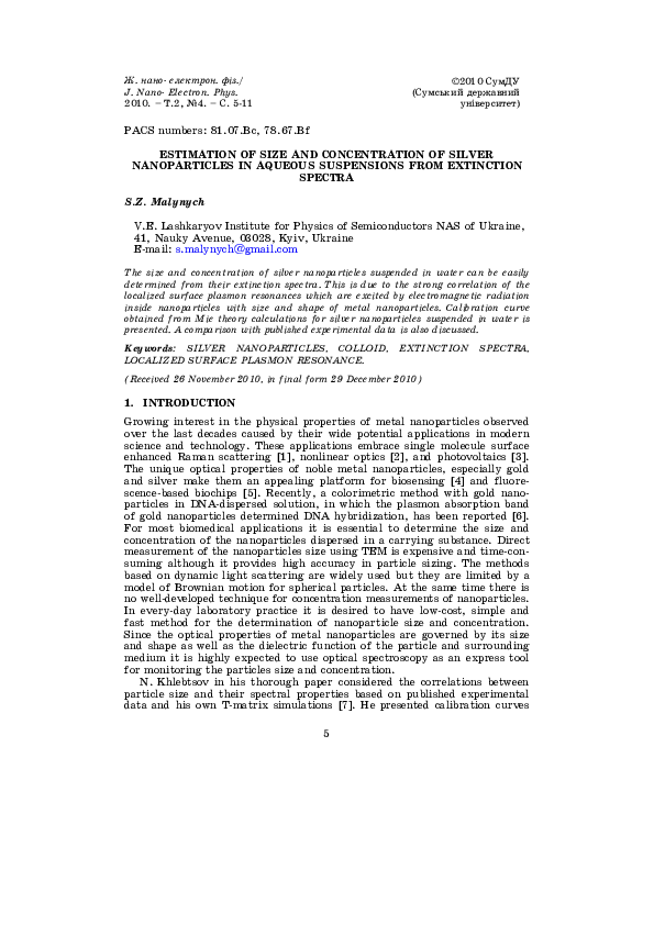 Pdf Estimation Of Size And Concentration Of Silver Nanoparticles In Aqueous Suspensions From Extinction Spectra Serhiy Malynych Academia Edu