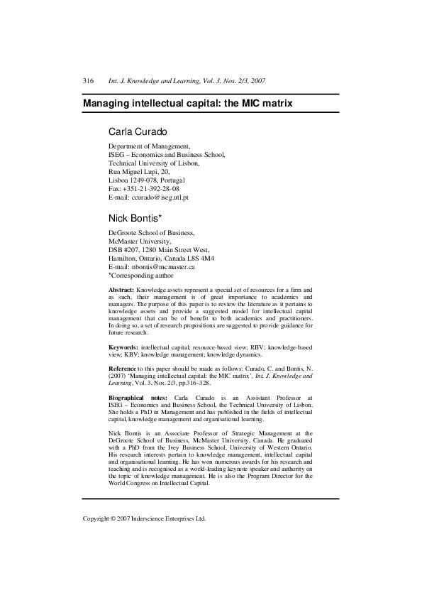 (PDF) Managing intellectual capital the MIC matrix Carla Curado