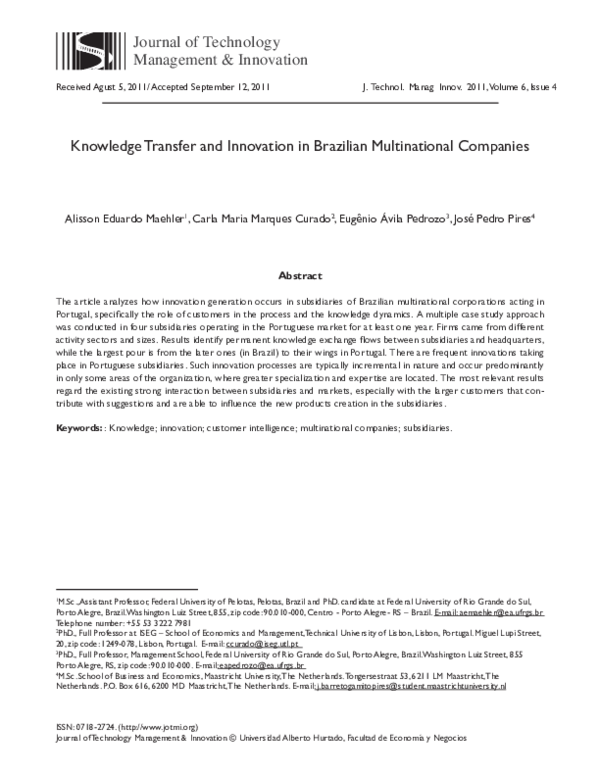 (PDF) Knowledge Transfer and Innovation in Brazilian Multinational ...