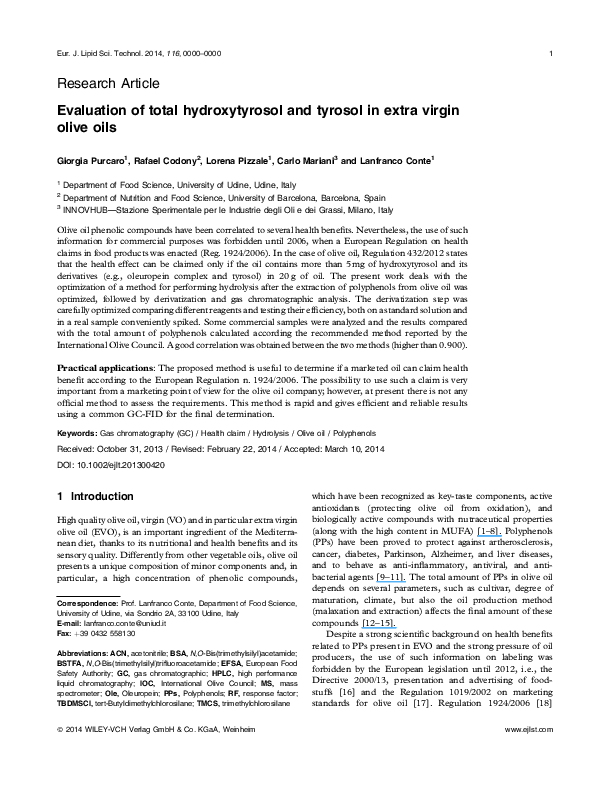 (PDF) Evaluation of total hydroxytyrosol and tyrosol in extra virgin ...