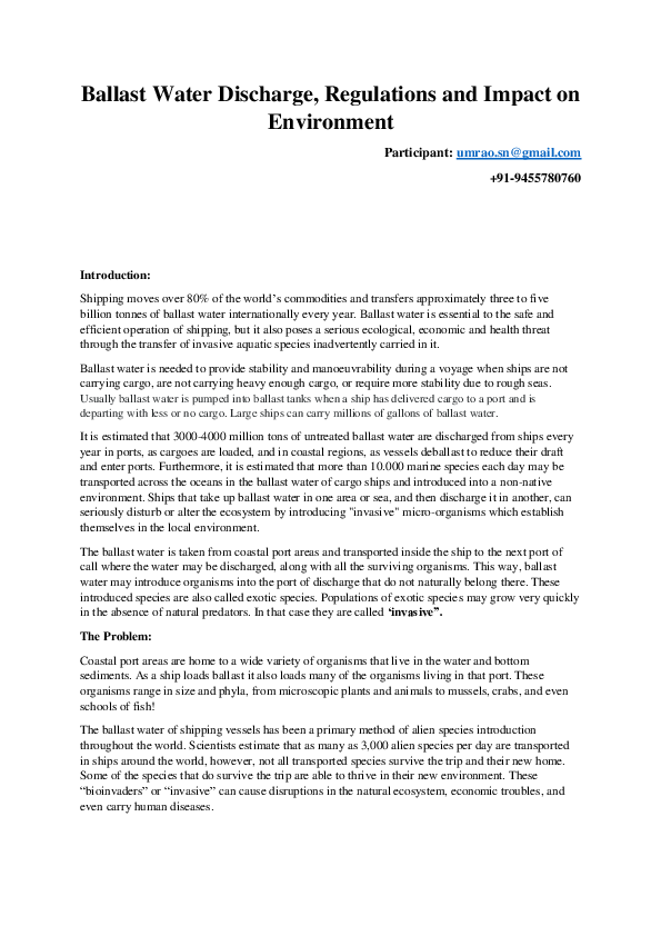 (PDF) Ballast Water Discharge, Regulations and Impact on Environment