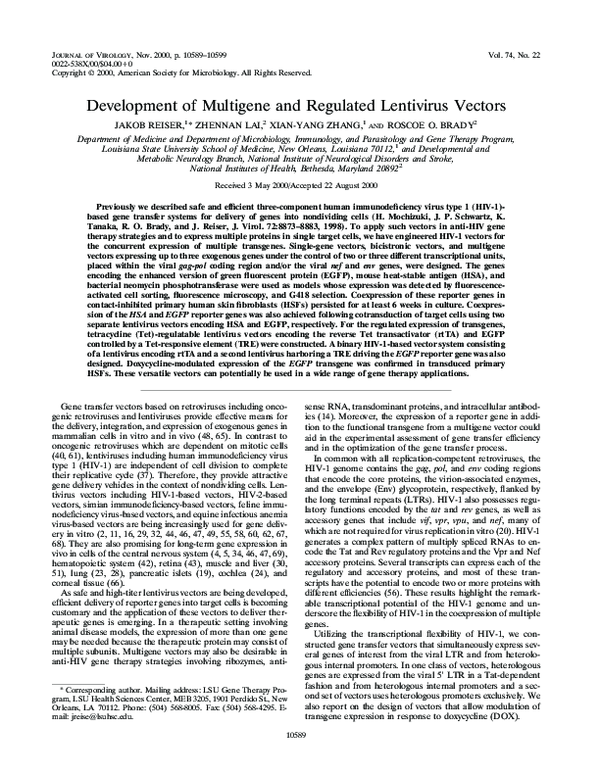 (PDF) Development of Multigene and Regulated Lentivirus Vectors