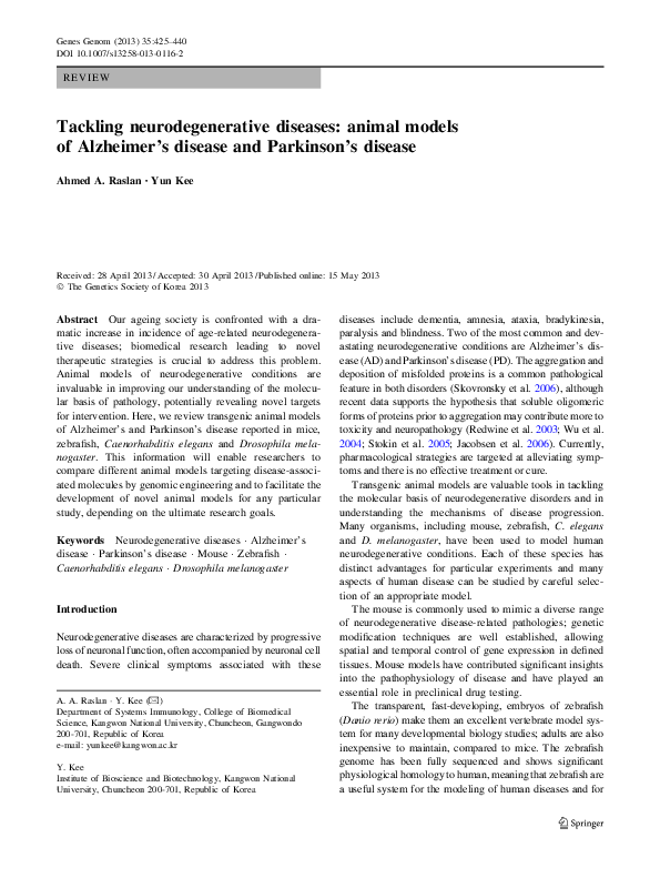 (PDF) Tackling neurodegenerative diseases animal models of Alzheimer’s
