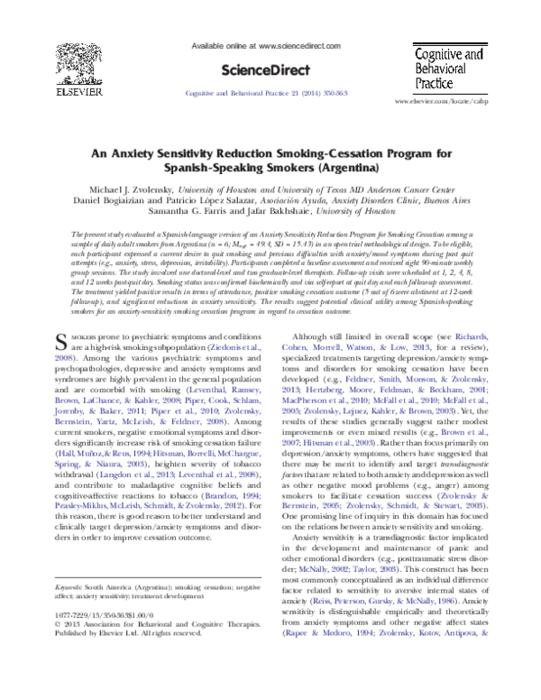 (PDF) An Anxiety Sensitivity Reduction SmokingCessation Program for SpanishSpeaking Smokers