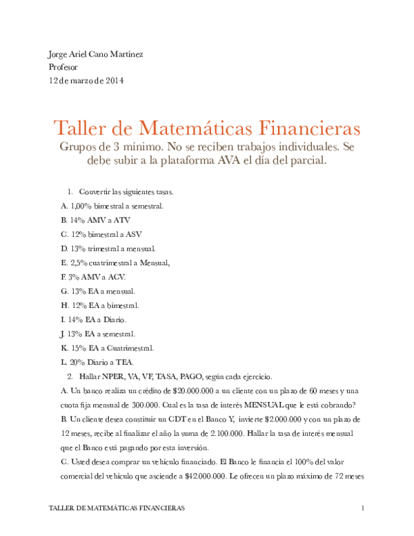 (PDF) Taller Matematicas Financieras