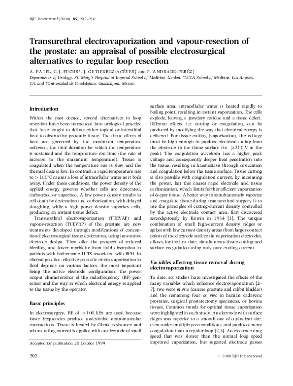 (PDF) Transurethral electrovaporization and vapourresection of the prostate an appraisal of