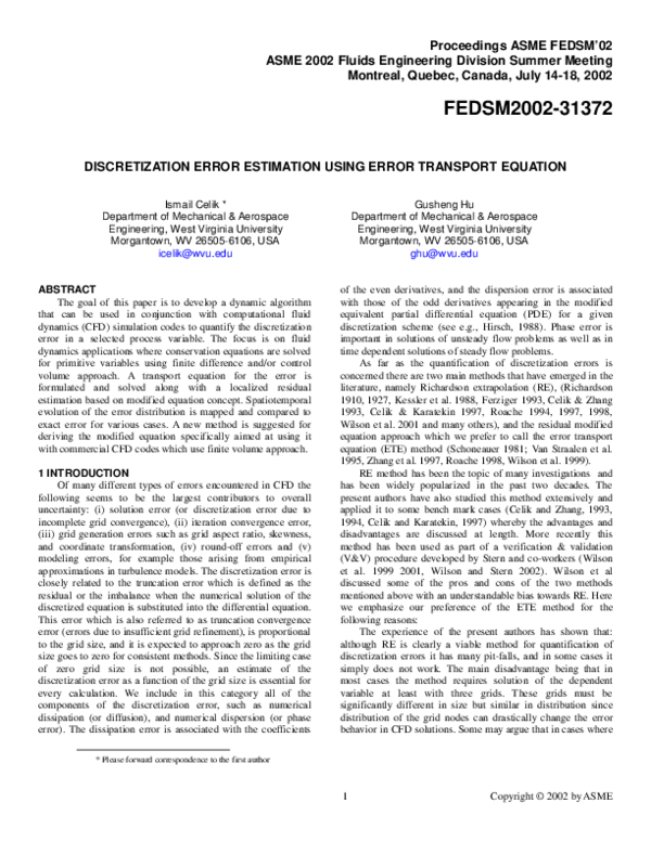 (PDF) Discretization Error Estimation Using Error Transport Equation