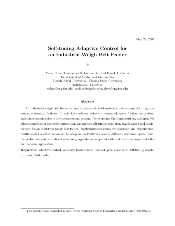 Pdf Self Tuning Adaptive Control For An Industrial Weigh Belt