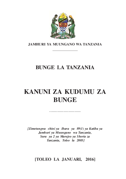 First page of “JAMHURI YA MUUNGANO WA TANZANIA ______________ KANUNI ZA KUDUMU ZA BUNGE”