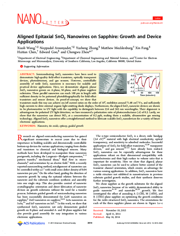 (PDF) Aligned Epitaxial SnO 2 Nanowires on Sapphire: Growth and Device ...